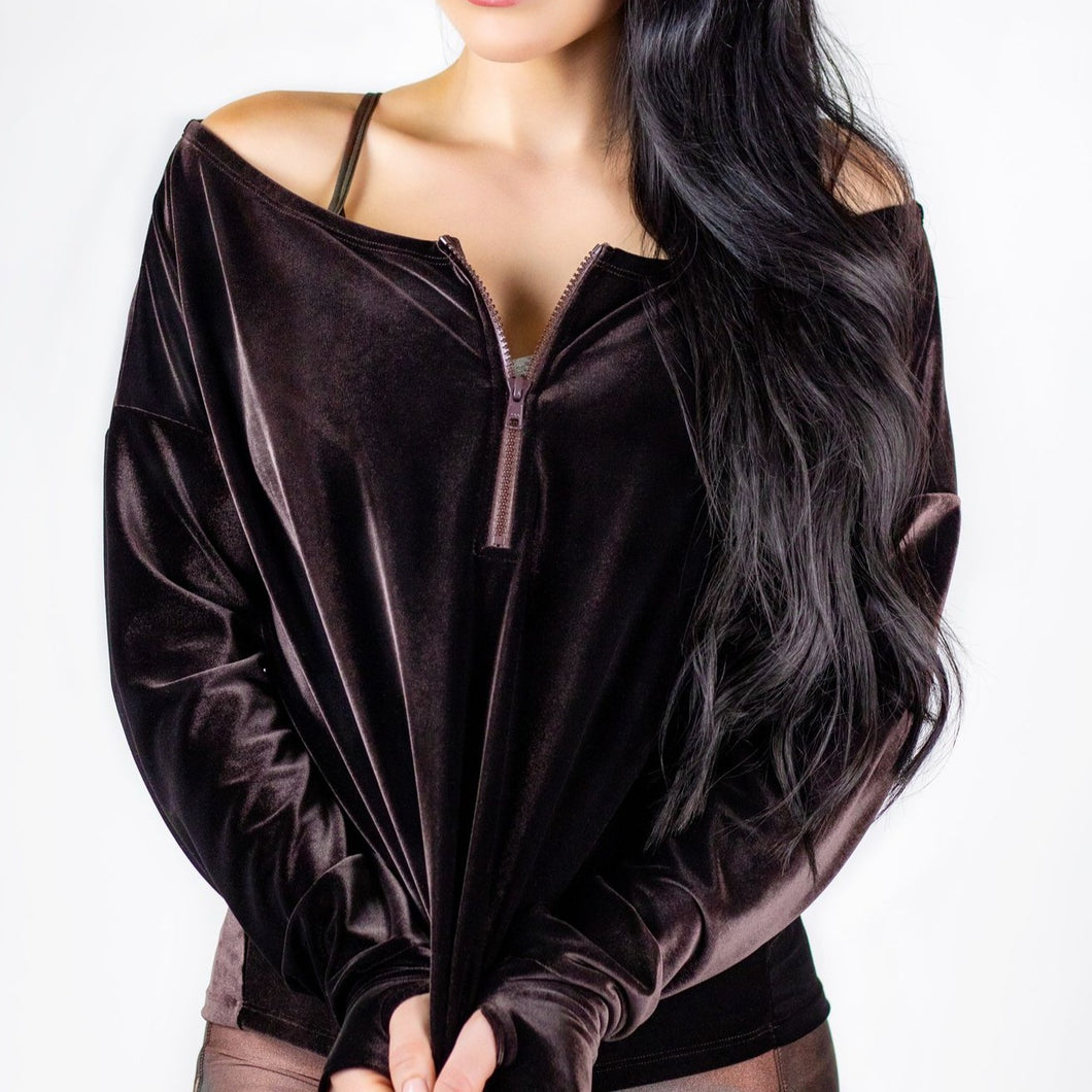 Chocolate Dream Velvet Off The Shoulder Sweater